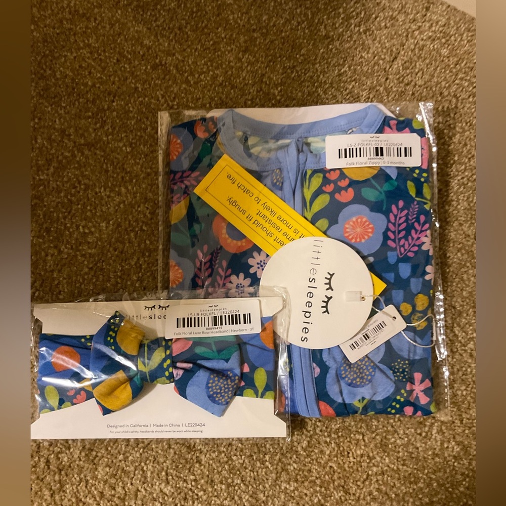 NWT Little sleepies folk floral zippy and headband bow bundle